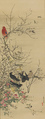 The Parrot “King” and Bird “Courtiers” on Plum and Rose Branches, Nagasawa Rosetsu (Japanese, 1754–1799), Hanging scroll; ink and color on silk, Japan